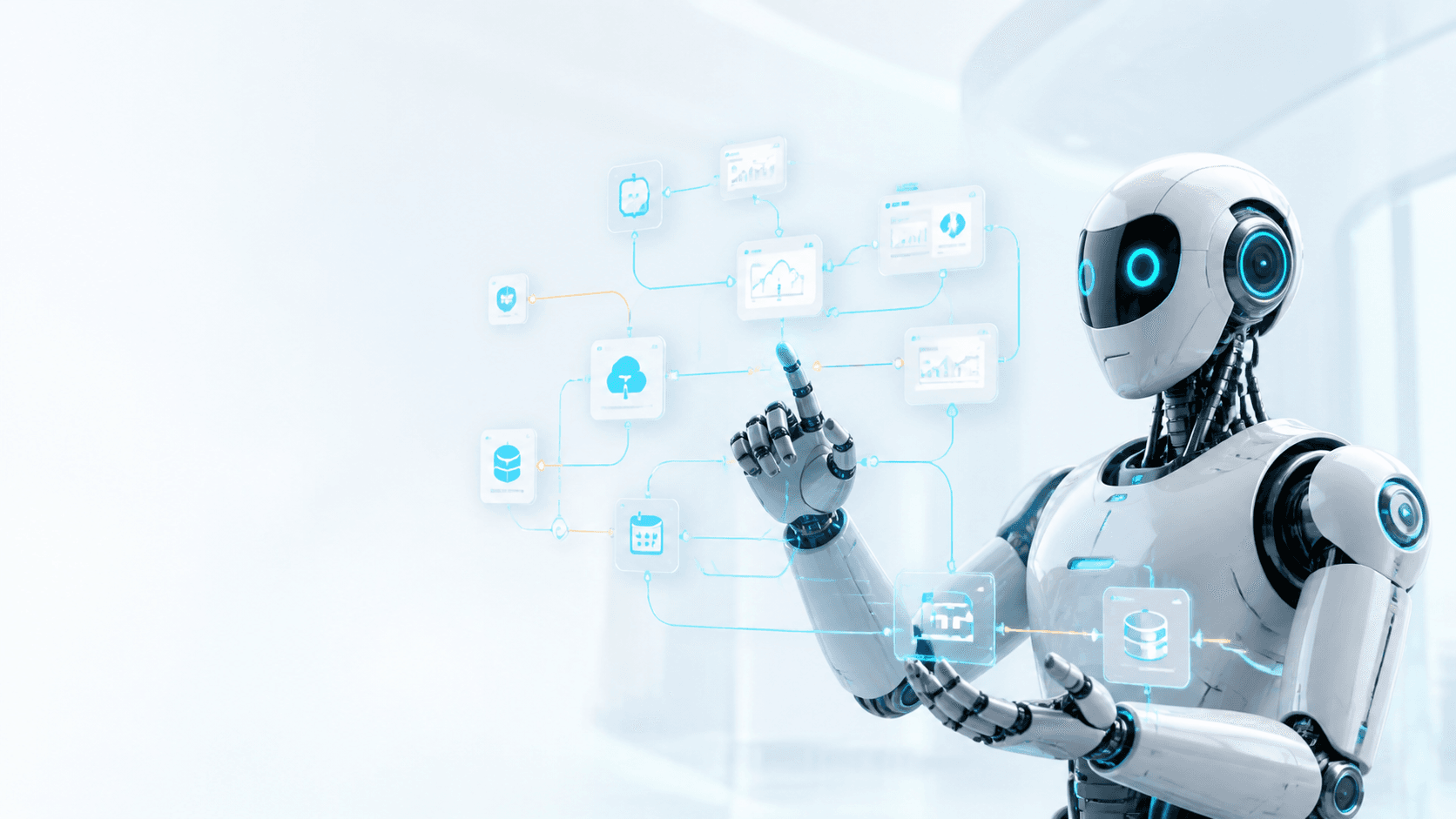 Robot de inteligencia artificial conectando automatizaciones empresariales